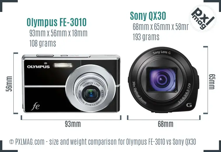 Olympus FE-3010 vs Sony QX30 size comparison