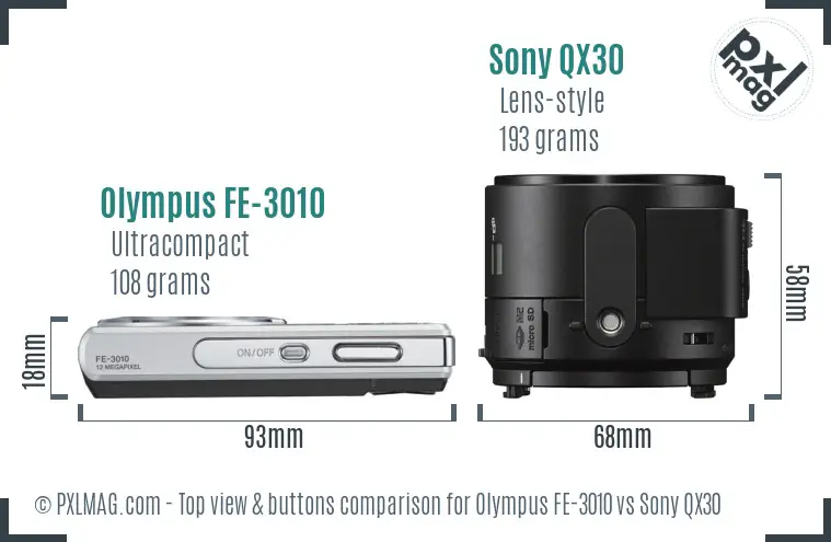 Olympus FE-3010 vs Sony QX30 top view buttons comparison