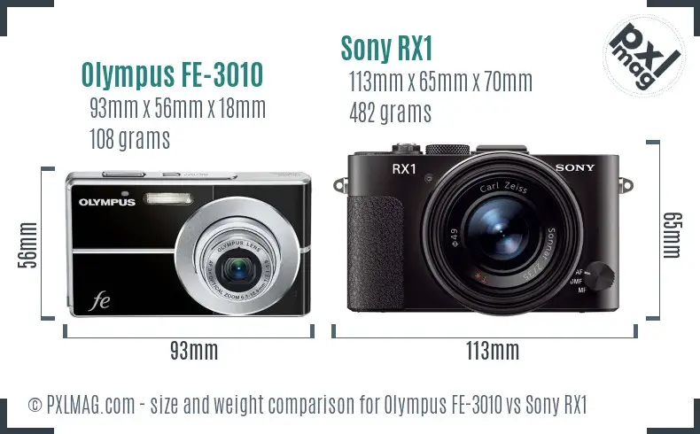 Olympus FE-3010 vs Sony RX1 size comparison