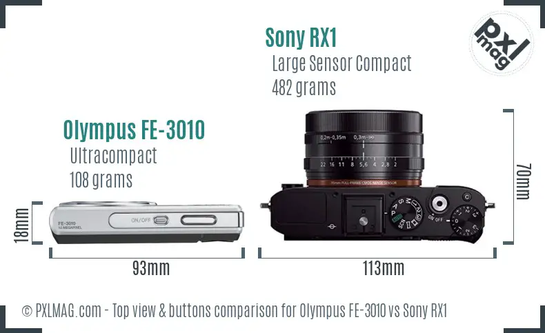 Olympus FE-3010 vs Sony RX1 top view buttons comparison
