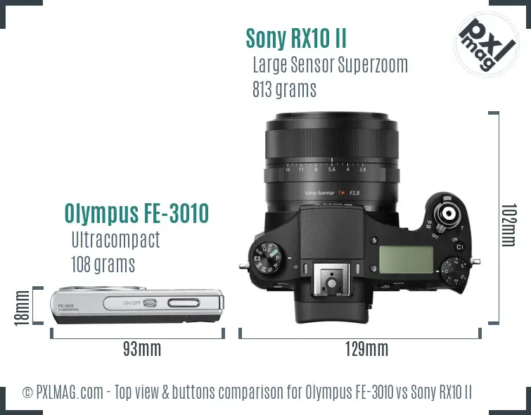 Olympus FE-3010 vs Sony RX10 II top view buttons comparison