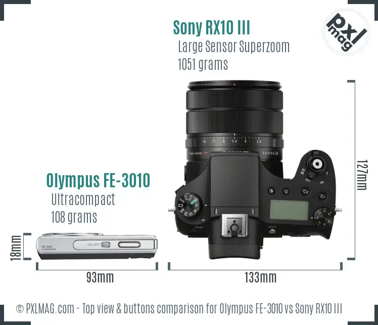 Olympus FE-3010 vs Sony RX10 III top view buttons comparison