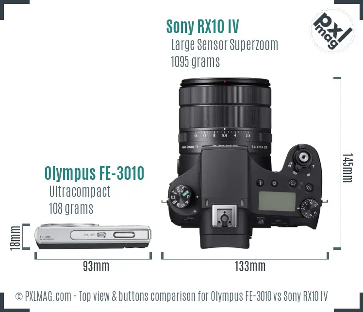 Olympus FE-3010 vs Sony RX10 IV top view buttons comparison