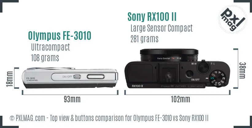 Olympus FE-3010 vs Sony RX100 II top view buttons comparison