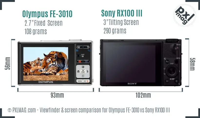Olympus FE-3010 vs Sony RX100 III Screen and Viewfinder comparison