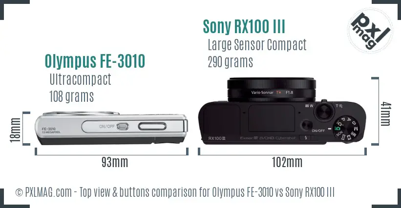 Olympus FE-3010 vs Sony RX100 III top view buttons comparison