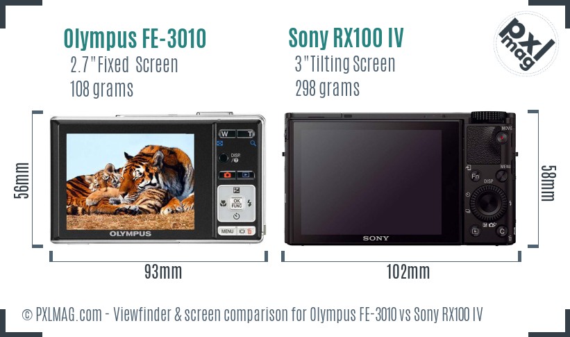 Olympus FE-3010 vs Sony RX100 IV Screen and Viewfinder comparison