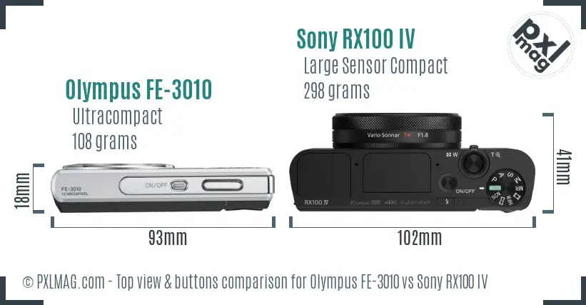 Olympus FE-3010 vs Sony RX100 IV top view buttons comparison