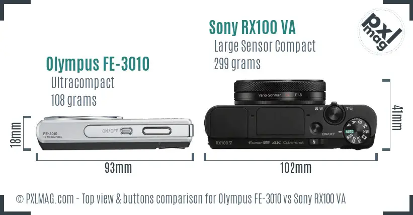 Olympus FE-3010 vs Sony RX100 VA top view buttons comparison