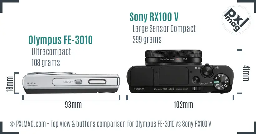 Olympus FE-3010 vs Sony RX100 V top view buttons comparison