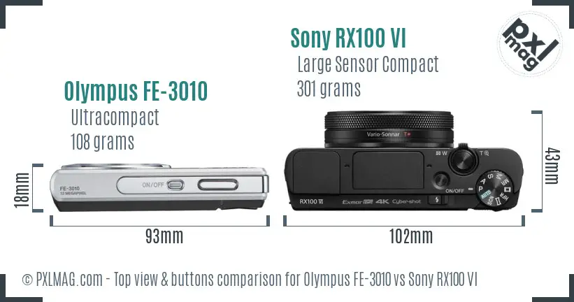Olympus FE-3010 vs Sony RX100 VI top view buttons comparison