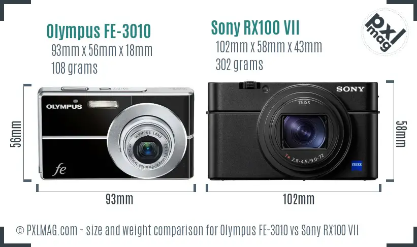 Olympus FE-3010 vs Sony RX100 VII size comparison