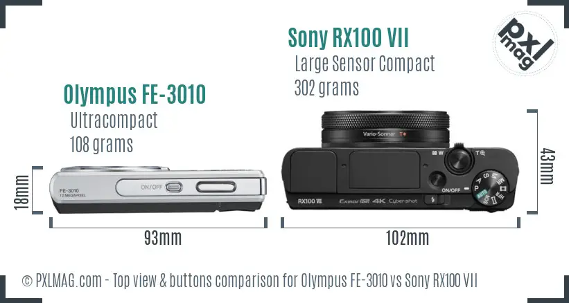 Olympus FE-3010 vs Sony RX100 VII top view buttons comparison