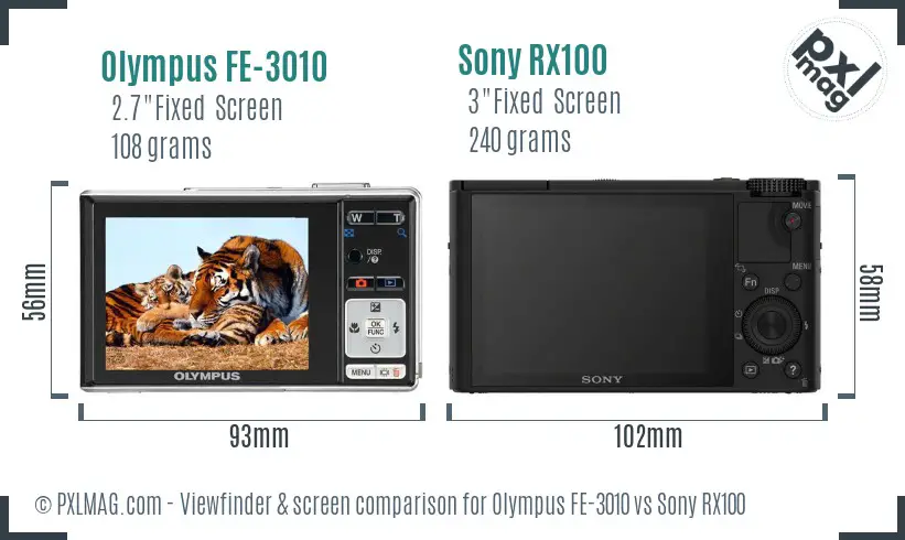 Olympus FE-3010 vs Sony RX100 Screen and Viewfinder comparison