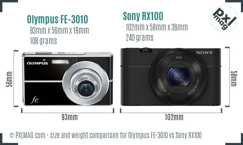 Olympus FE-3010 vs Sony RX100 size comparison