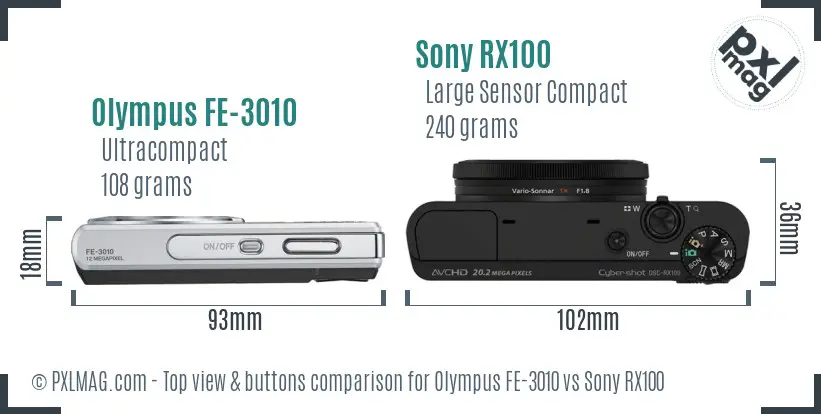 Olympus FE-3010 vs Sony RX100 top view buttons comparison