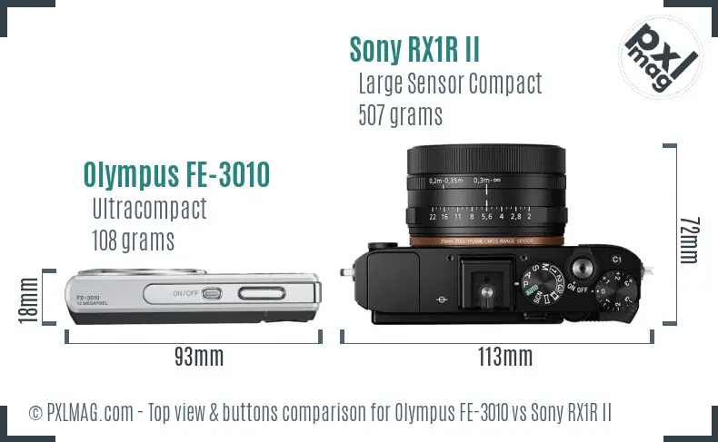 Olympus FE-3010 vs Sony RX1R II top view buttons comparison