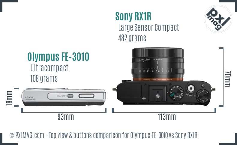 Olympus FE-3010 vs Sony RX1R top view buttons comparison