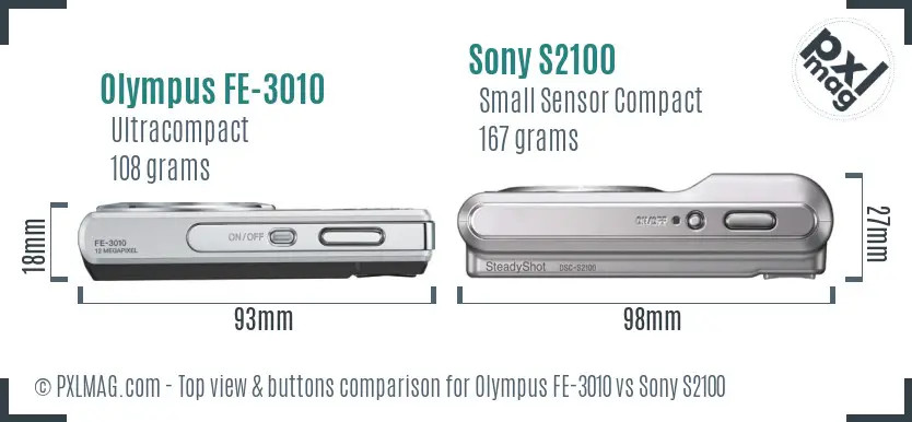 Olympus FE-3010 vs Sony S2100 top view buttons comparison