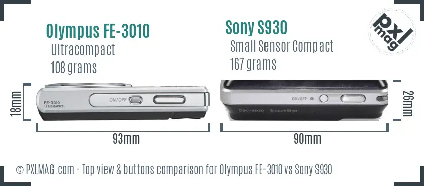Olympus FE-3010 vs Sony S930 top view buttons comparison