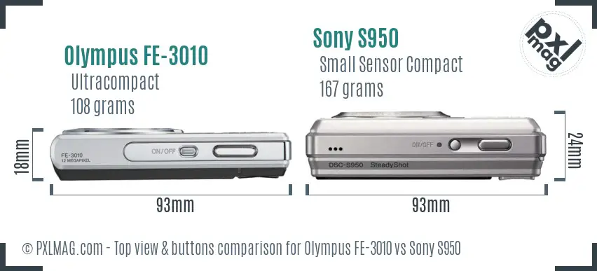 Olympus FE-3010 vs Sony S950 top view buttons comparison