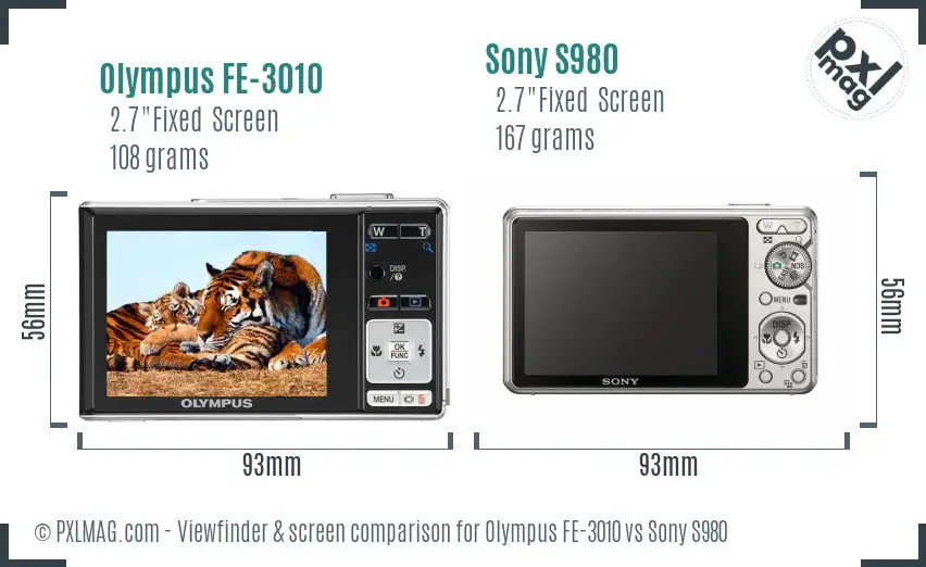 Olympus FE-3010 vs Sony S980 Screen and Viewfinder comparison