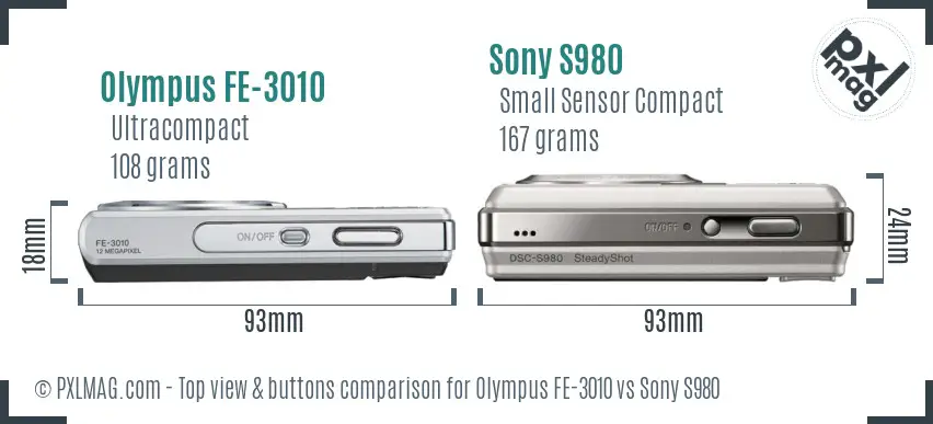 Olympus FE-3010 vs Sony S980 top view buttons comparison