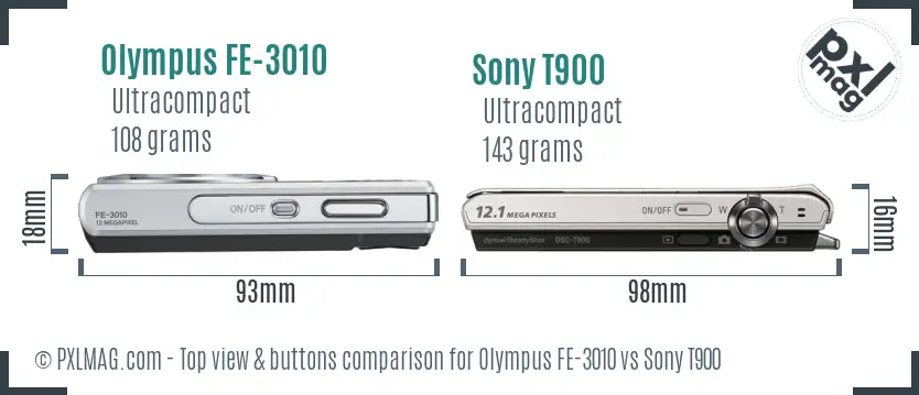 Olympus FE-3010 vs Sony T900 top view buttons comparison