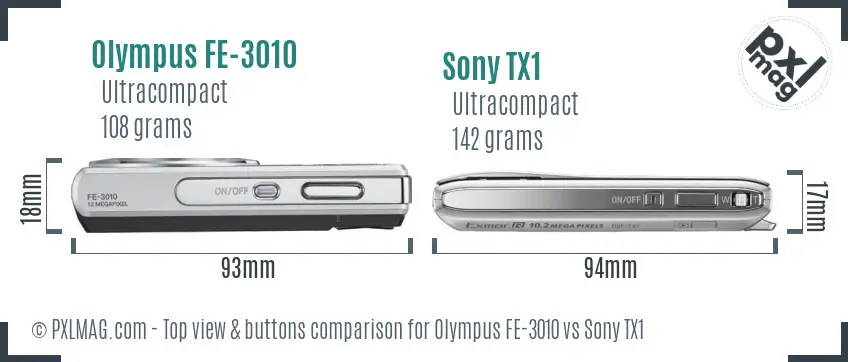Olympus FE-3010 vs Sony TX1 top view buttons comparison