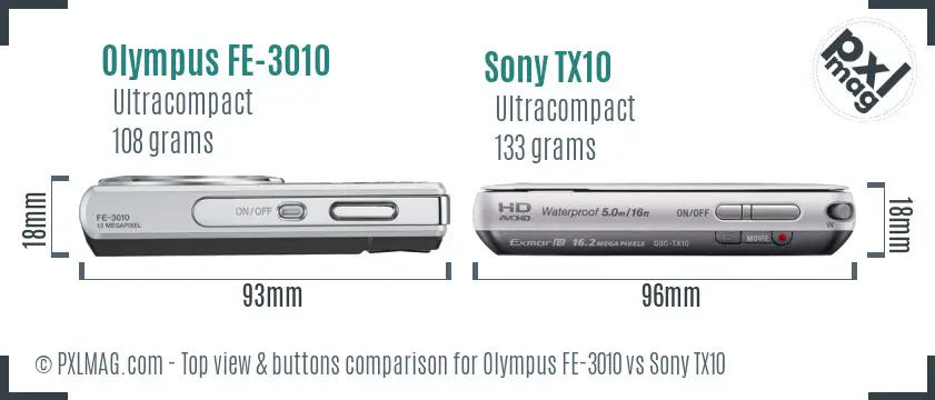 Olympus FE-3010 vs Sony TX10 top view buttons comparison