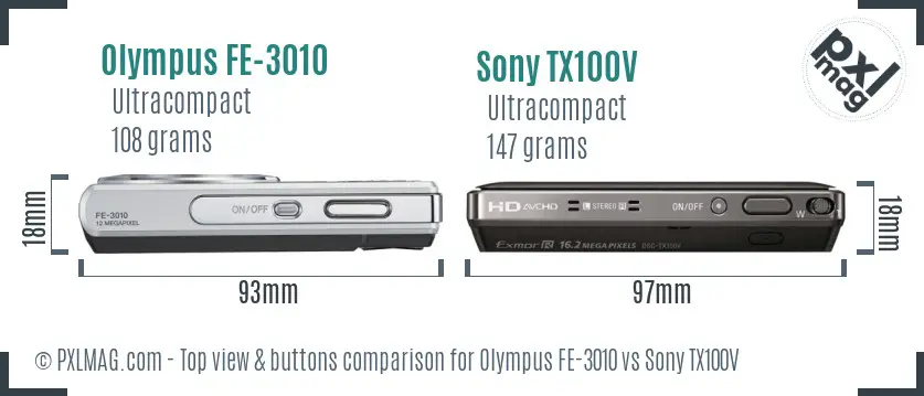 Olympus FE-3010 vs Sony TX100V top view buttons comparison