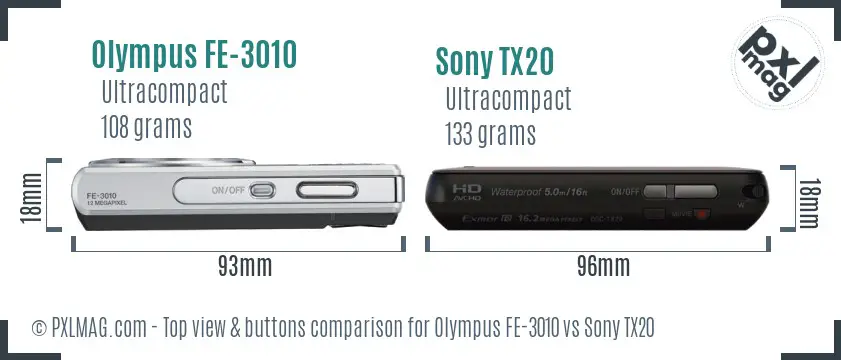 Olympus FE-3010 vs Sony TX20 top view buttons comparison