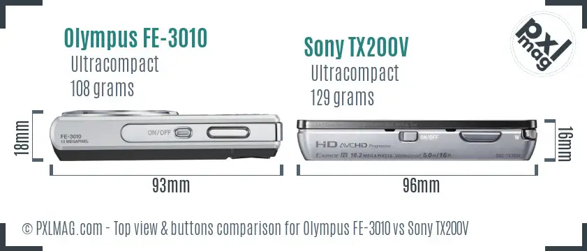 Olympus FE-3010 vs Sony TX200V top view buttons comparison