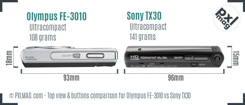 Olympus FE-3010 vs Sony TX30 top view buttons comparison