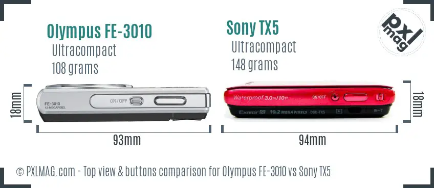 Olympus FE-3010 vs Sony TX5 top view buttons comparison