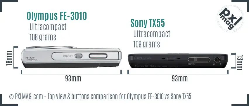 Olympus FE-3010 vs Sony TX55 top view buttons comparison