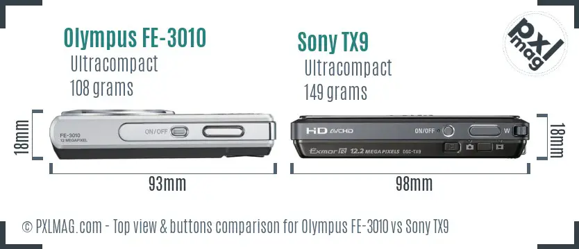 Olympus FE-3010 vs Sony TX9 top view buttons comparison