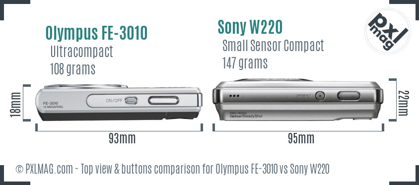 Olympus FE-3010 vs Sony W220 top view buttons comparison