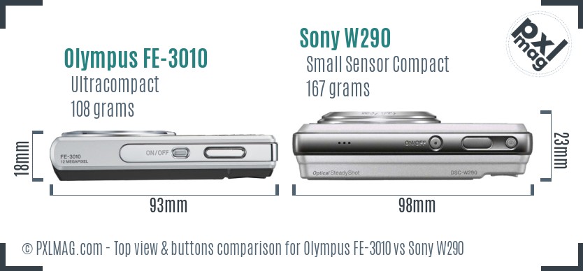 Olympus FE-3010 vs Sony W290 top view buttons comparison