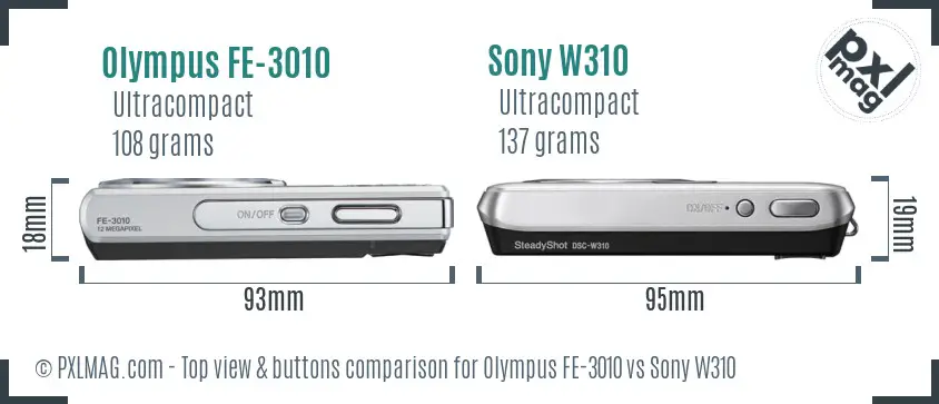 Olympus FE-3010 vs Sony W310 top view buttons comparison