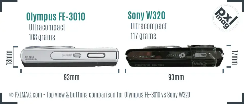 Olympus FE-3010 vs Sony W320 top view buttons comparison