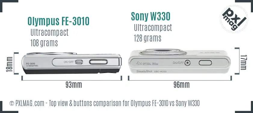 Olympus FE-3010 vs Sony W330 top view buttons comparison Olympus FE-3010 vs Sony W330 top view buttons comparison