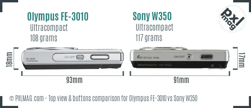 Olympus FE-3010 vs Sony W350 top view buttons comparison