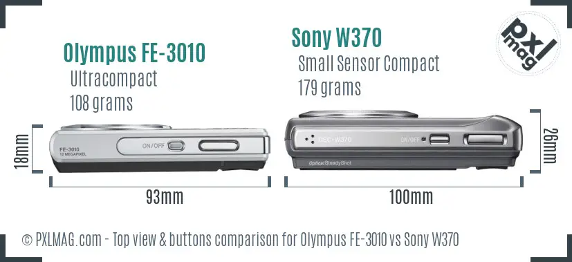 Olympus FE-3010 vs Sony W370 top view buttons comparison