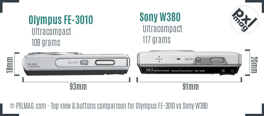 Olympus FE-3010 vs Sony W380 top view buttons comparison