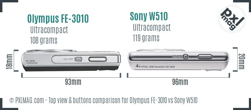 Olympus FE-3010 vs Sony W510 top view buttons comparison