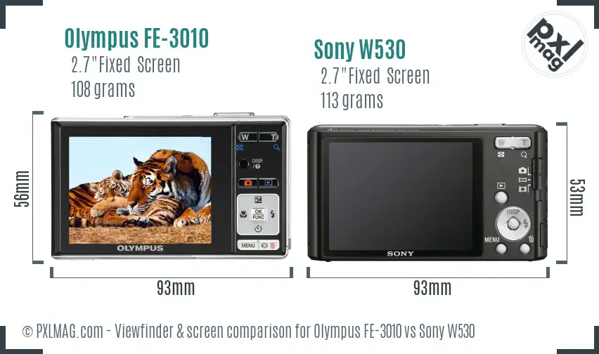 Olympus FE-3010 vs Sony W530 Screen and Viewfinder comparison