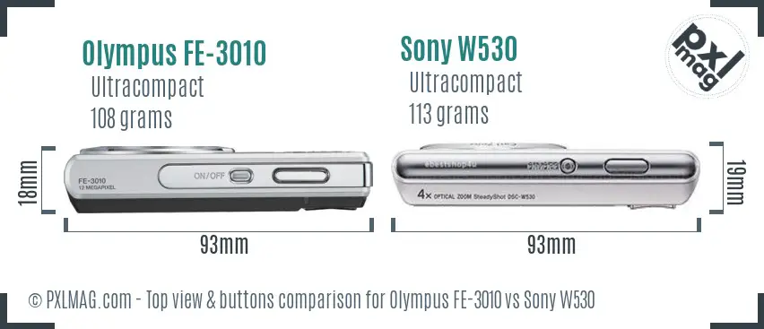 Olympus FE-3010 vs Sony W530 top view buttons comparison