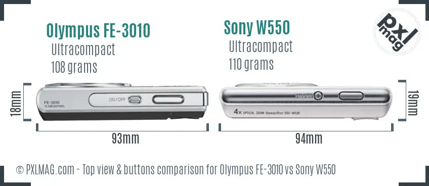 Olympus FE-3010 vs Sony W550 top view buttons comparison