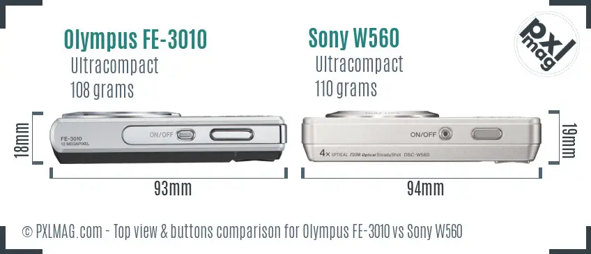 Olympus FE-3010 vs Sony W560 top view buttons comparison